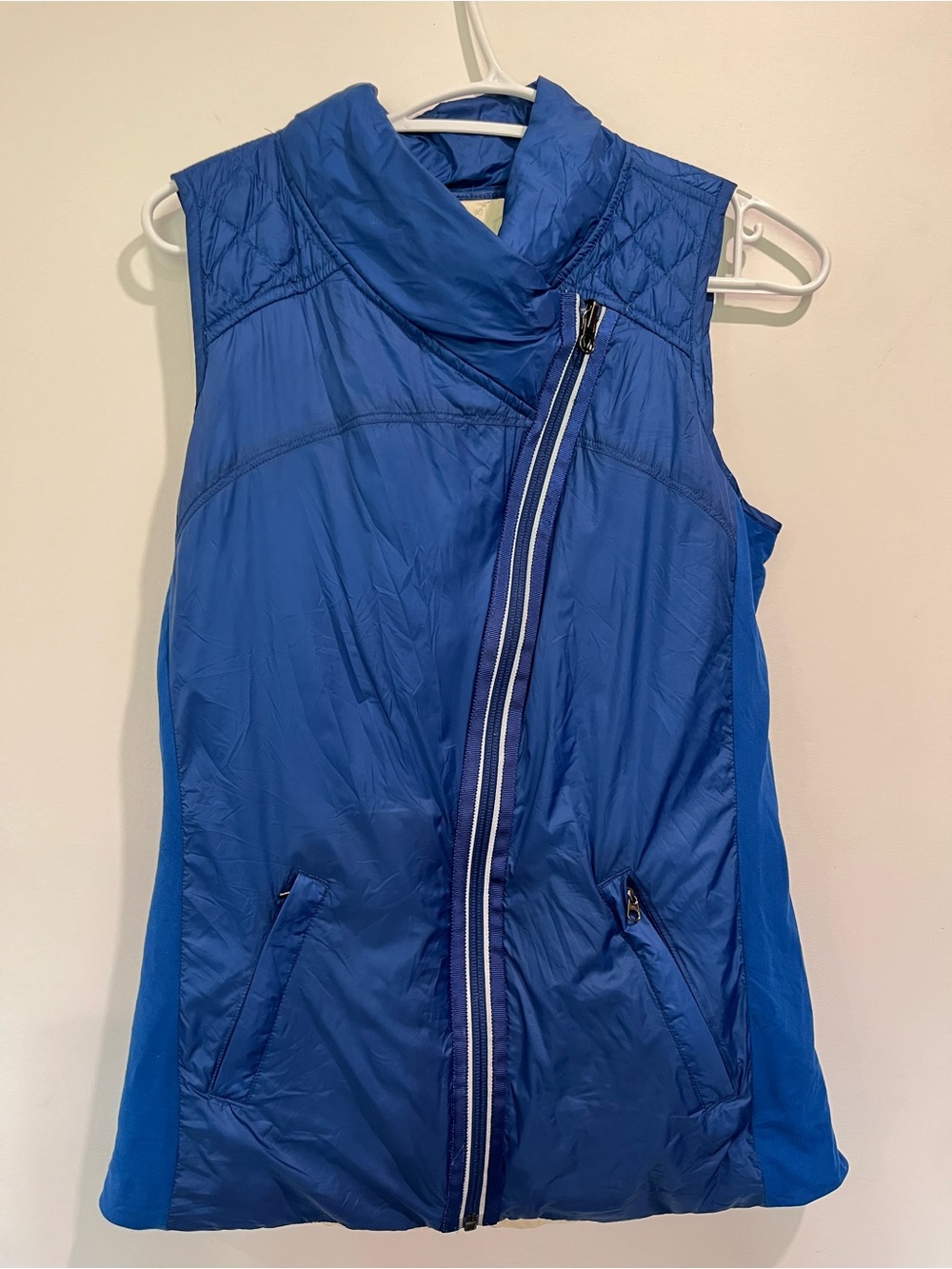 Vintage lululemon “Run Down” Blue Asymmetrical Reversible Puffer Vest Goose Down